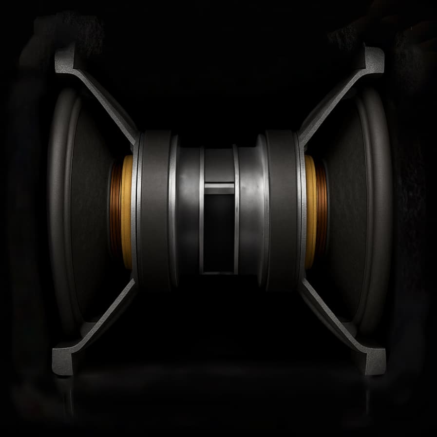 A rendered cutaway of a loudspeaker motor assembly showing the magnet, former and cone surrounds.