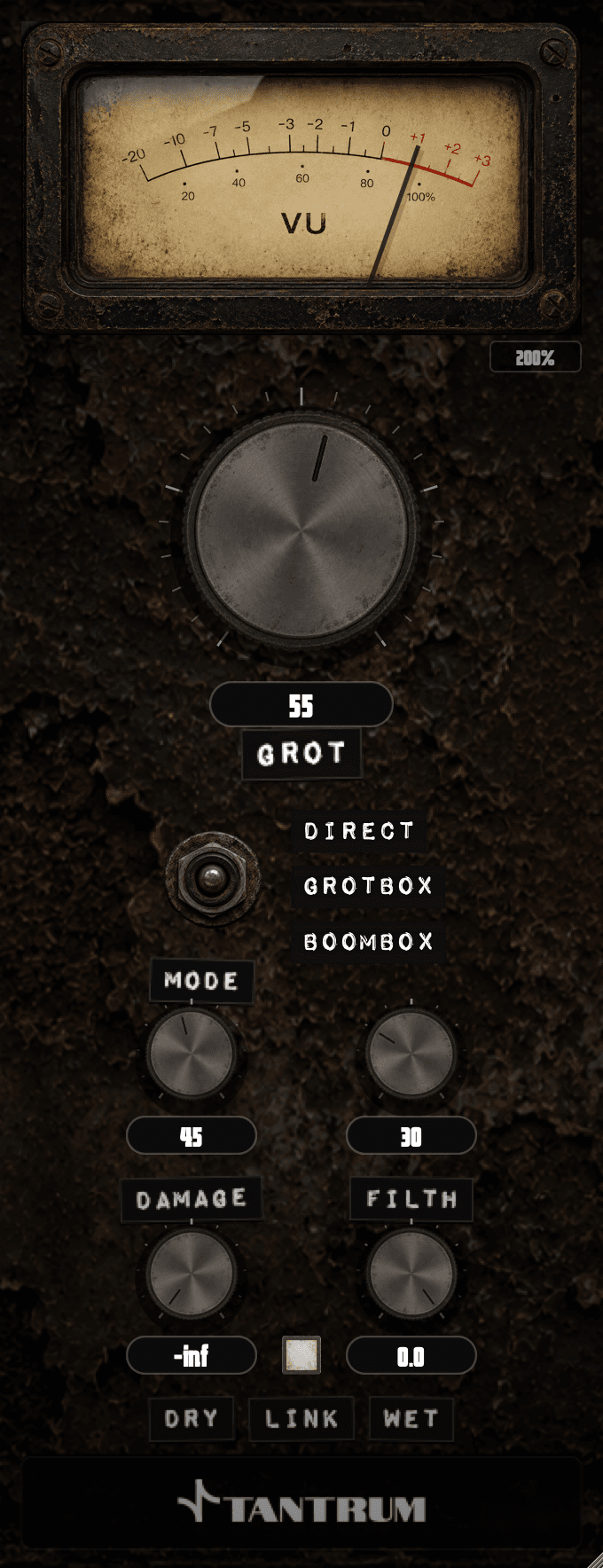A distortion plugin panel with a VU meter, a large drive control, three mode options and separate damage, filth and dry-wet controls.
