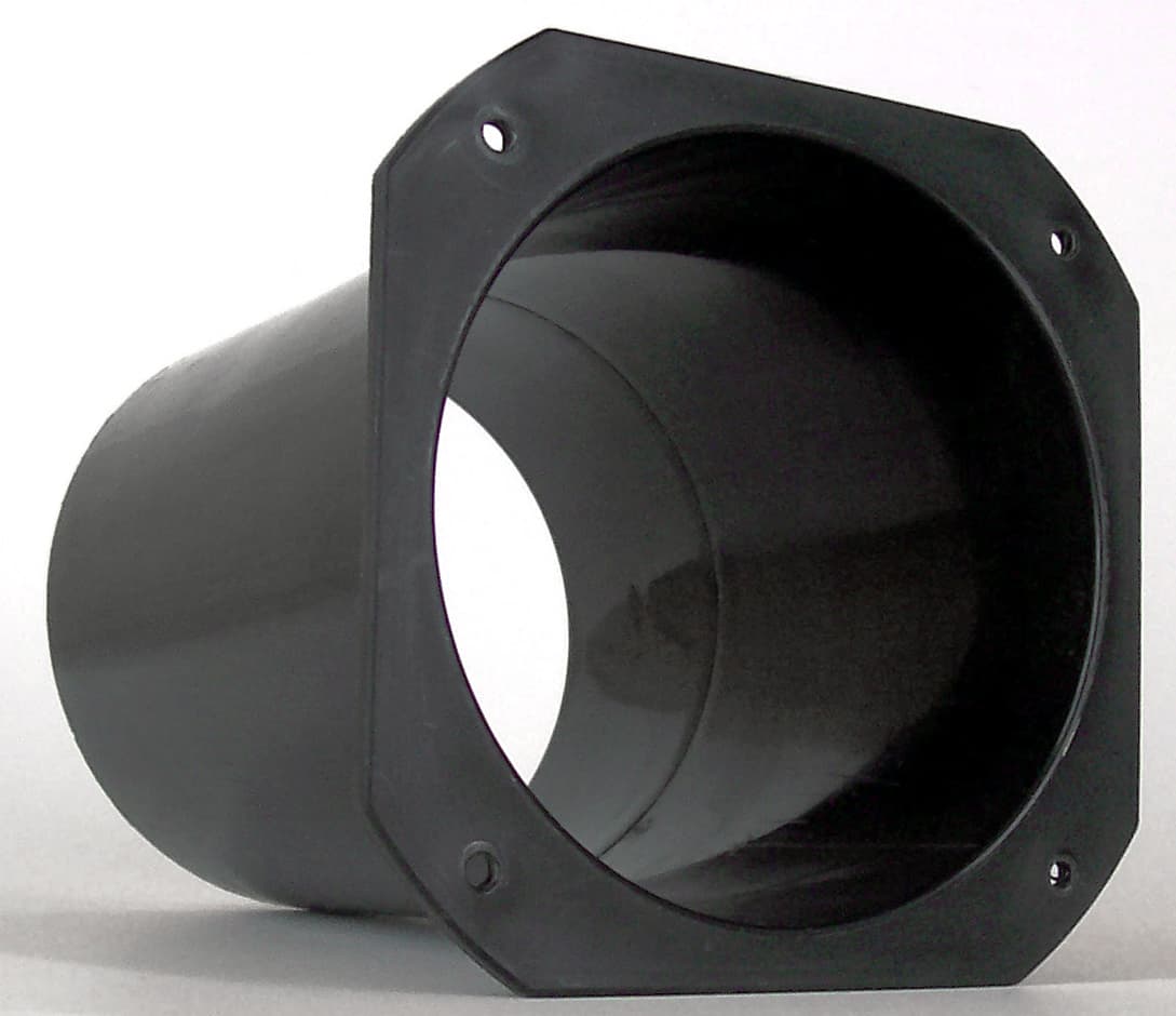 A moulded plastic bass reflex tube with a flared opening and a mounting flange, photographed against a white background.