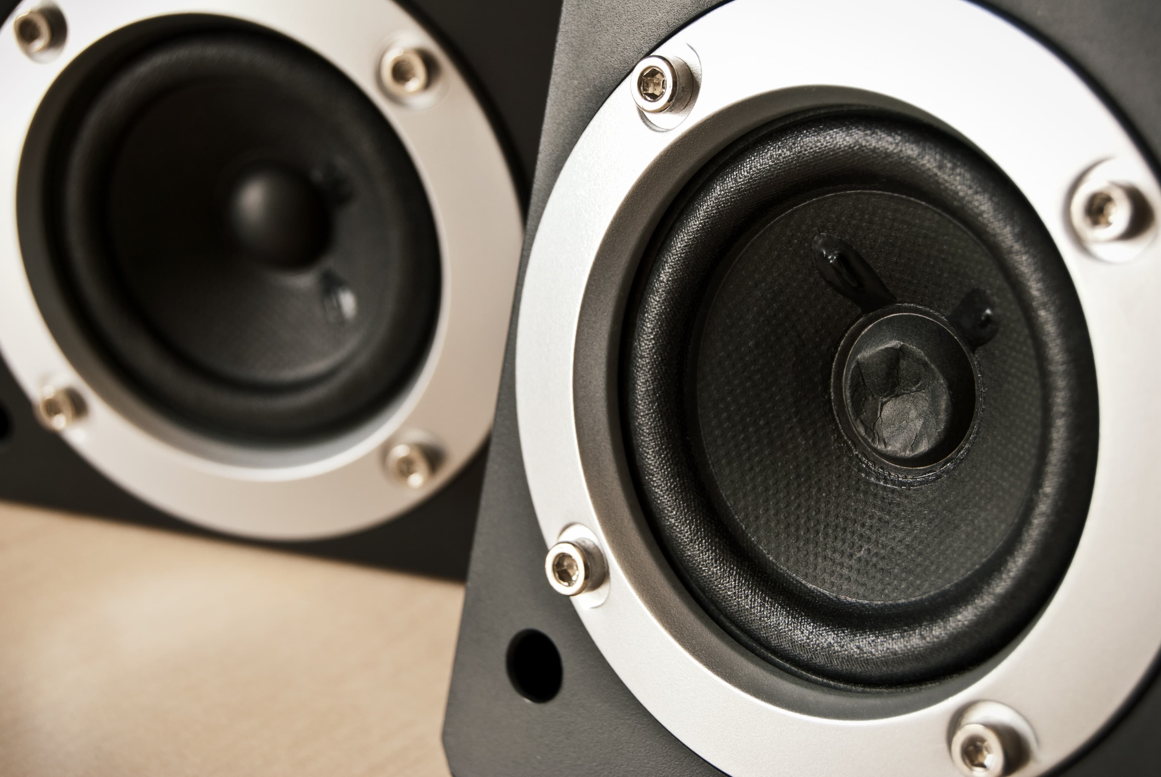 A close-up of a loudspeaker with a damaged, dented dust cap at the centre of the cone.