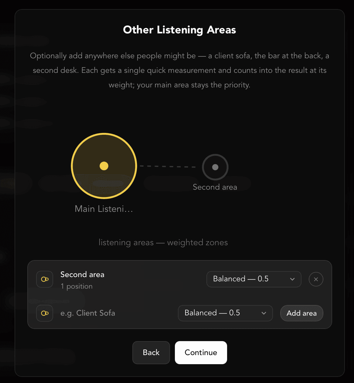 A software screen for configuring the listening area, showing a grid of microphone positions across a room.
