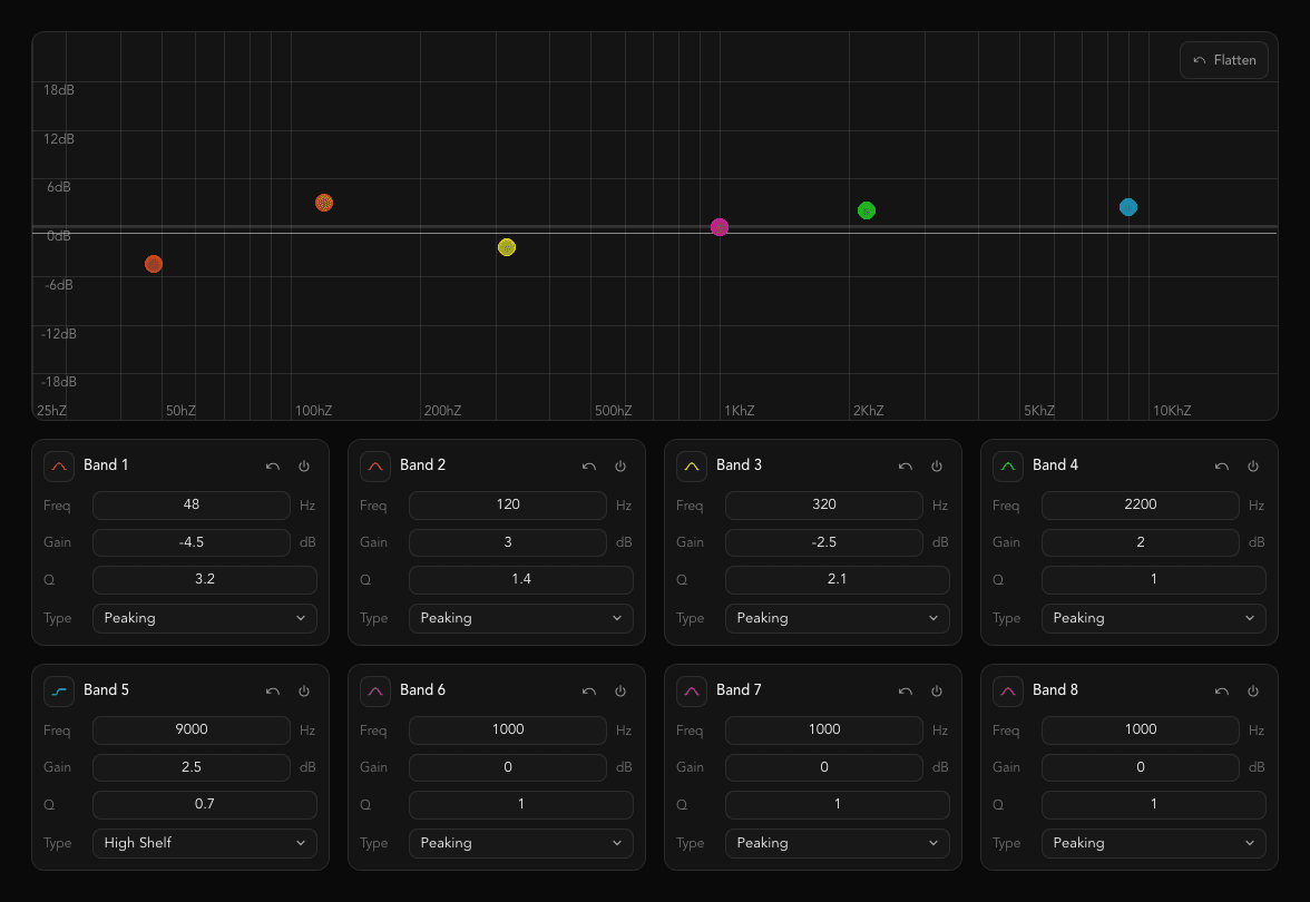 Omnissiah parametric EQ drag-node graph editor for native control of Tantrum Audio DSP hardware
