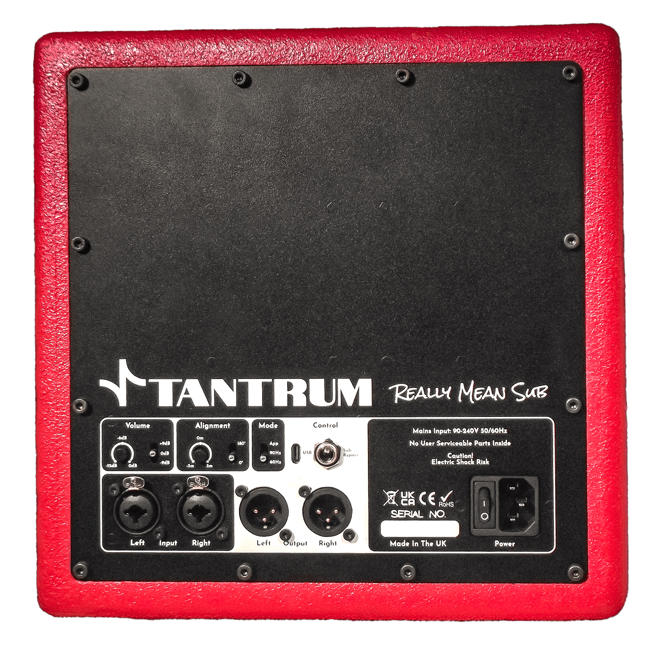 The rear panel of a studio subwoofer showing balanced inputs and outputs, level, crossover and alignment controls.