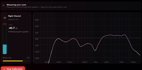 Omnissiah guided real-time measurement showing live per-speaker level metering and a frequency response updating as it runs